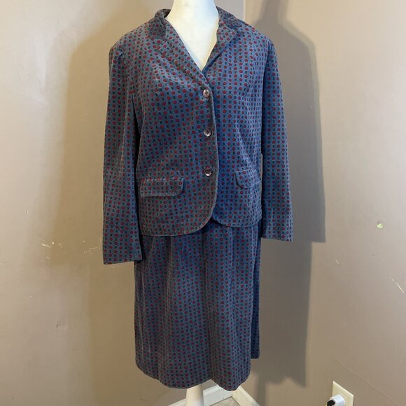 Country Junior Jackets & Blazers - 1970s 70's Ditsy Floral Velour 3 Button Jacket & Pencil Skirt Lined Set Sz S